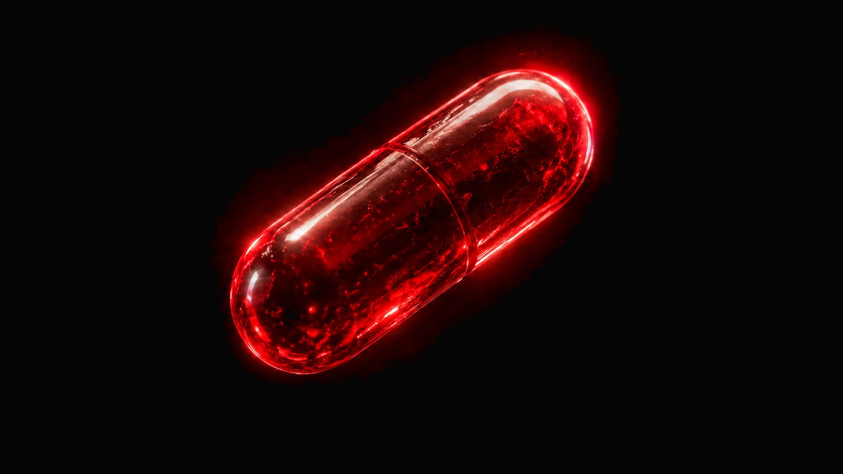 The extract capsule: red glass, glowing, standing on a stage
